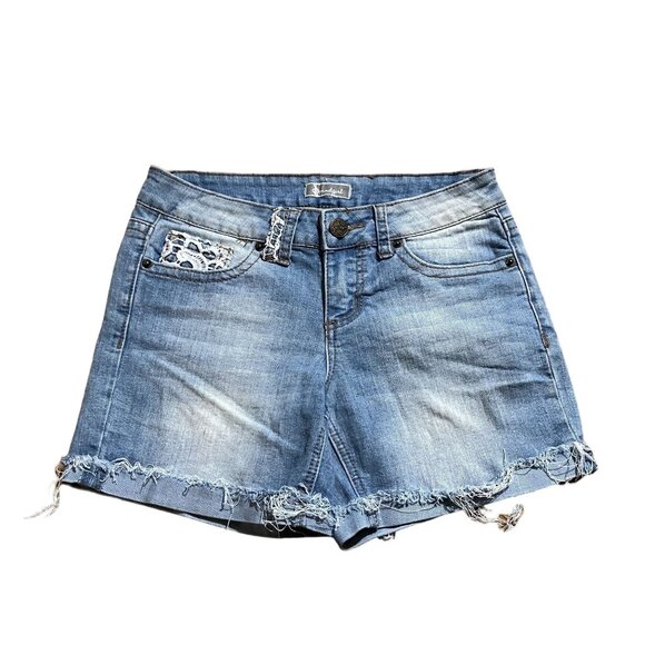Soundgirl Denim Shorts With Lace Pockets & Distressed Hem For Women Size 3 - Picture 1 of 3